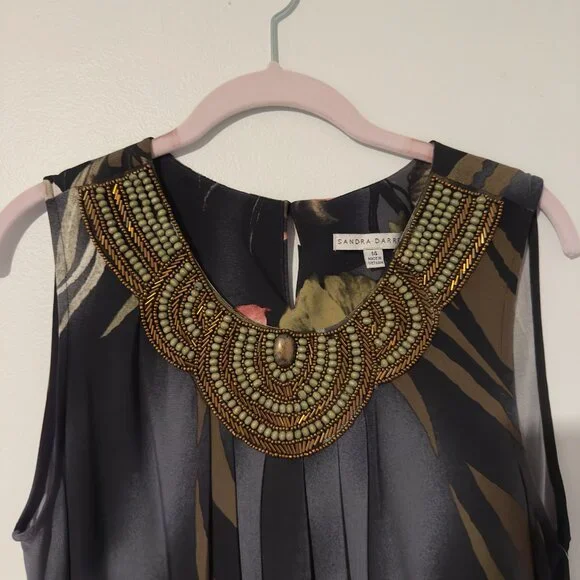 NWT Sandra Darren SZ14 Green, Black Pink Floral Beaded Neckline Sleeveless Dress - Picture 2 of 12